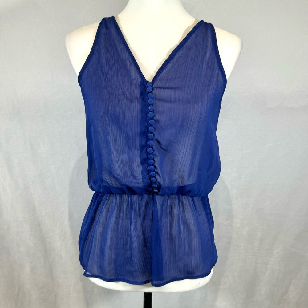 Isabella Rodriguez cobalt blue button front semi sheer peplum top size small
